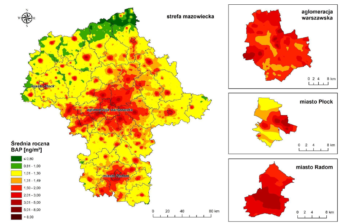 Rysunek przedstawia rozkład przestrzenny średniorocznych stężeń benzo(a)pirenu [ng/m3] w roku bazowym w strefach województwa mazowieckiego: mazowieckiej, aglomeracji warszawskiej , miasto Płock i miasto Radom, według modelowania do oceny jakości powietrza za 2018 r.