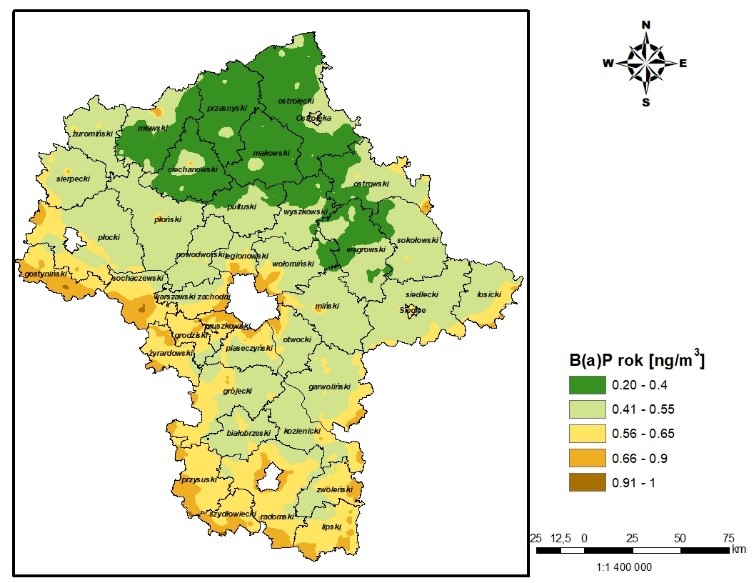 Stężenia benzo(a)pirenu o okresie uśredniania rok w strefie mazowieckiej po realizacji działań naprawczych z harmonogramu